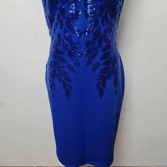 Tadashi Shoji Sequin Capsleeves Neoprene Shift Dress Royal Blue Women's Size L - Picture 5 of 16